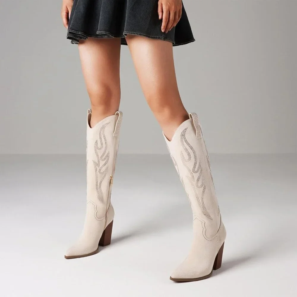 Women's Beige Rhinestones Embroidered Pointed Toe Chunky Heel Knee High Boots
